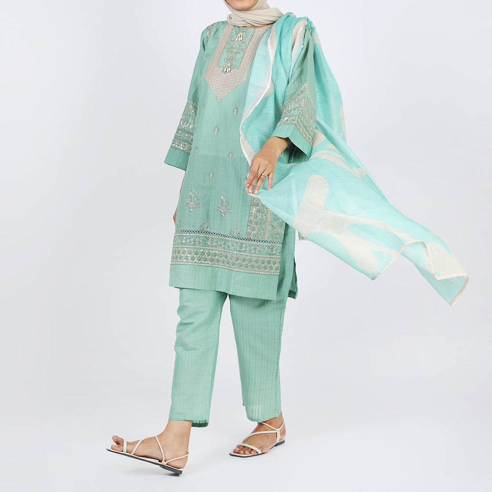 Women’s Stitched 3-Piece Doriya Suit – Green, Women Shalwar Suits, Chase Value, Chase Value