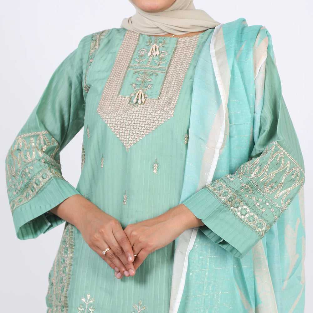 Women’s Stitched 3-Piece Doriya Suit – Green, Women Shalwar Suits, Chase Value, Chase Value