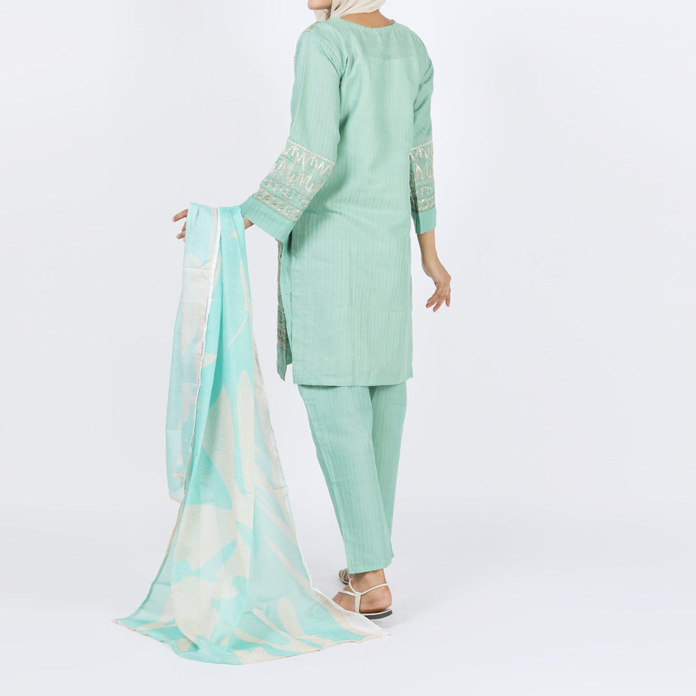 Women’s Stitched 3-Piece Doriya Suit – Green, Women Shalwar Suits, Chase Value, Chase Value