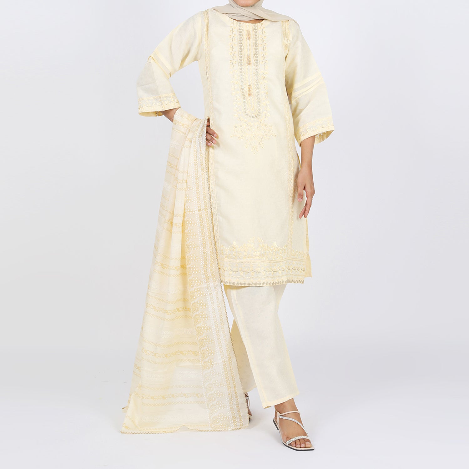 Women's Jacquard 3 Pcs Suit - Cream, Women Shalwar Suits, Chase Value, Chase Value