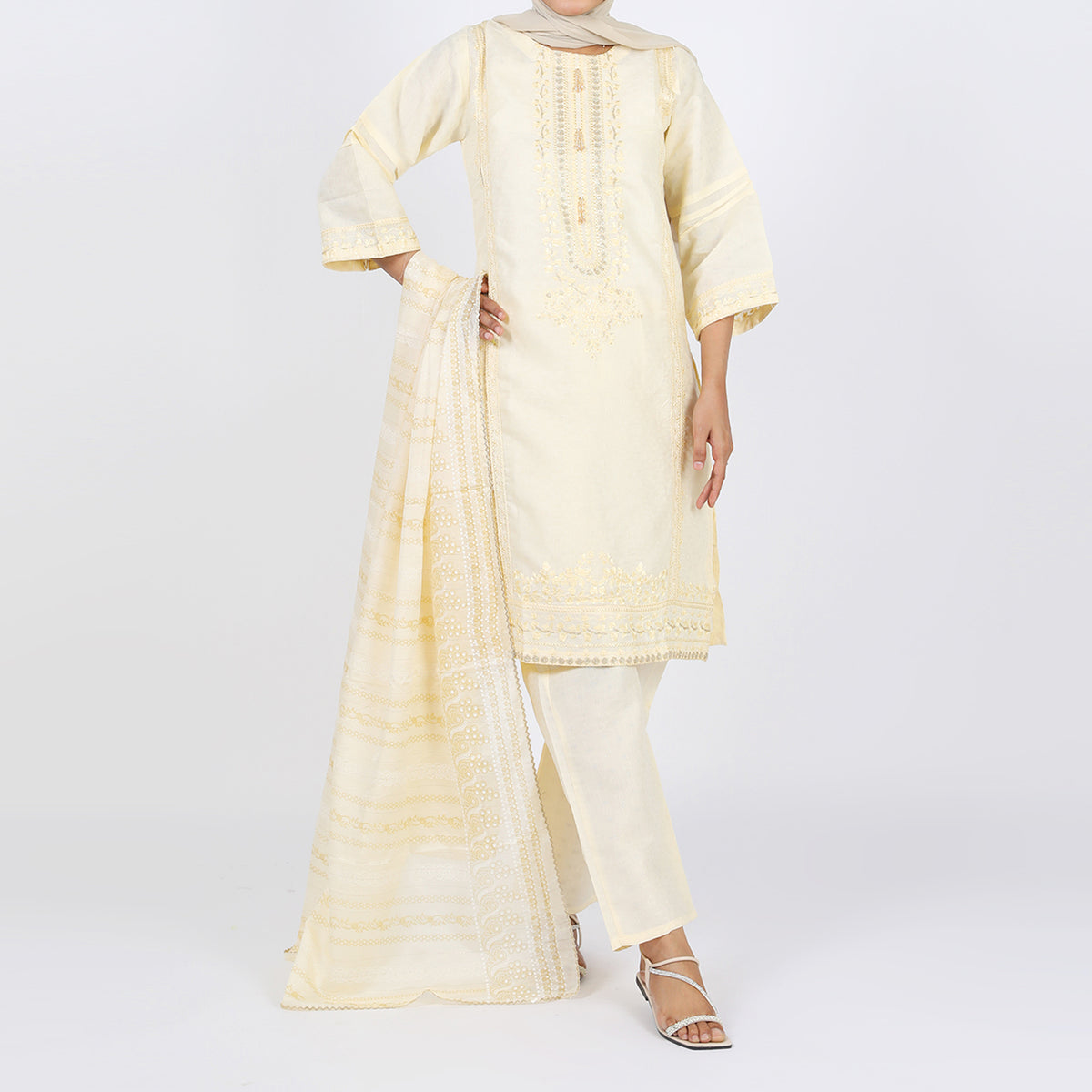 Women's Jacquard 3 Pcs Suit - Cream, Women Shalwar Suits, Chase Value, Chase Value
