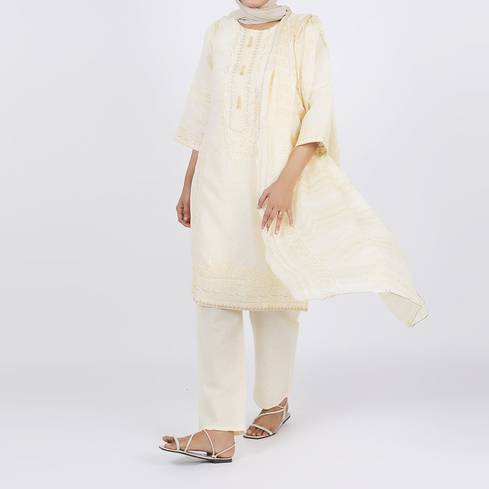 Women's Jacquard 3 Pcs Suit - Cream, Women Shalwar Suits, Chase Value, Chase Value