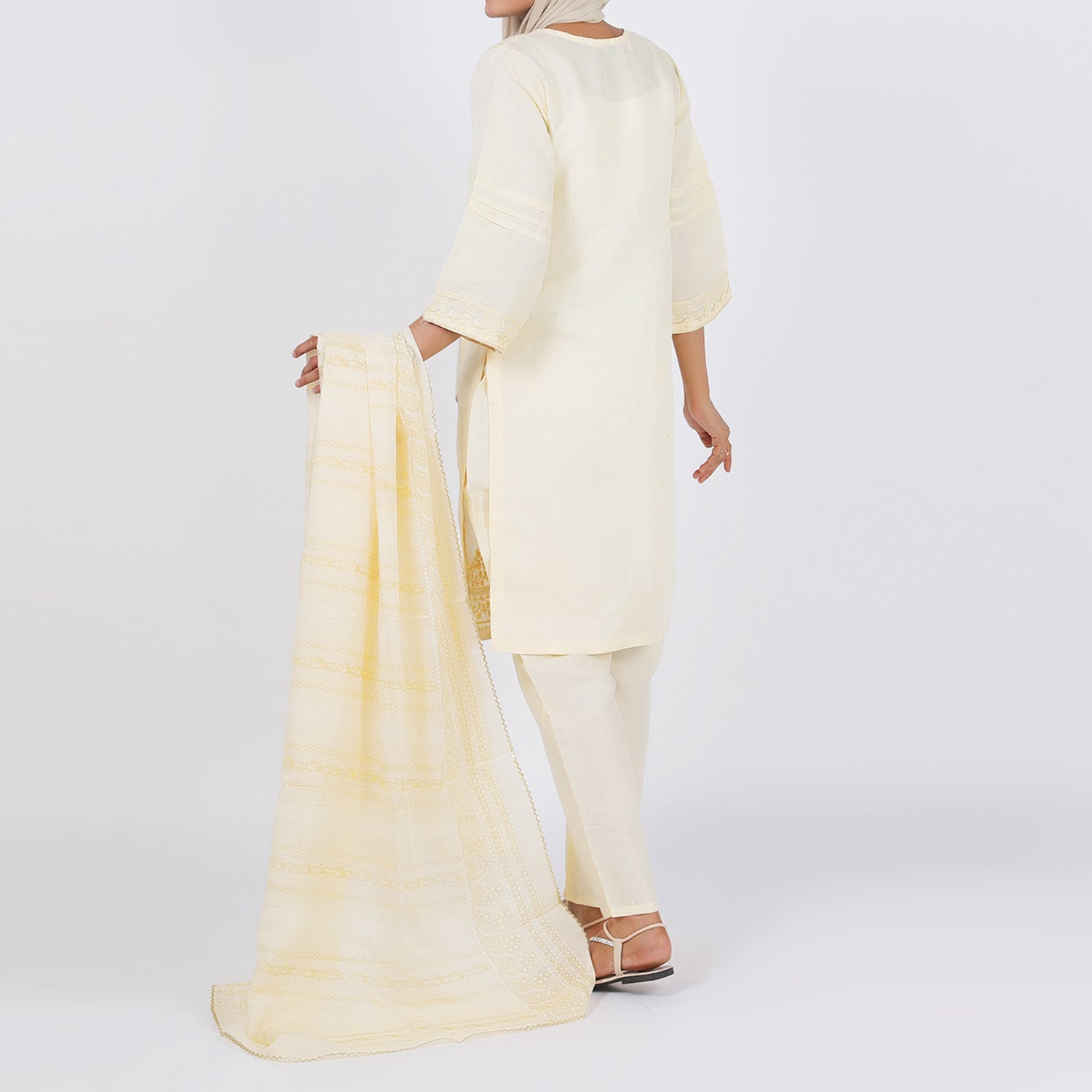 Women's Jacquard 3 Pcs Suit - Cream, Women Shalwar Suits, Chase Value, Chase Value