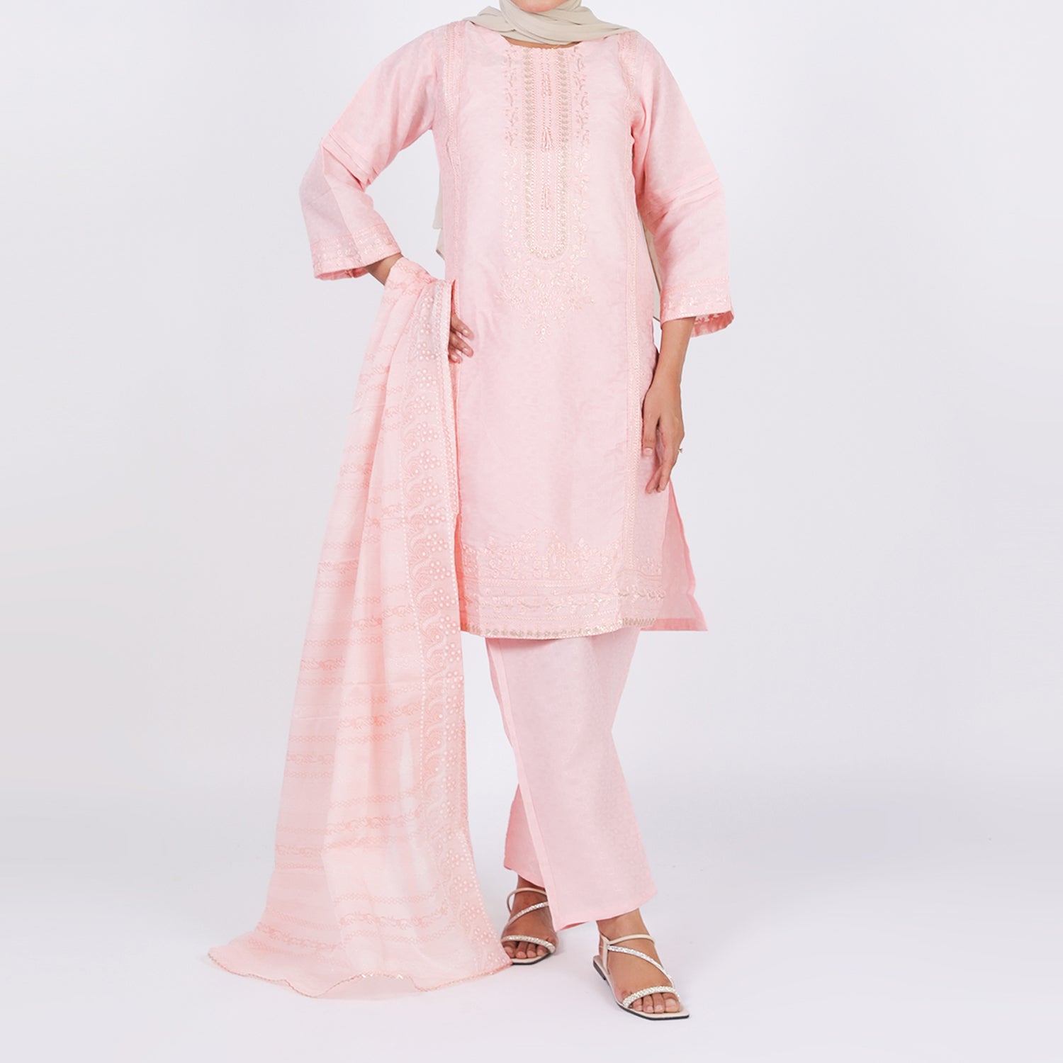 Women's Jacquard 3 Pcs Suit - Pink, Women Shalwar Suits, Chase Value, Chase Value