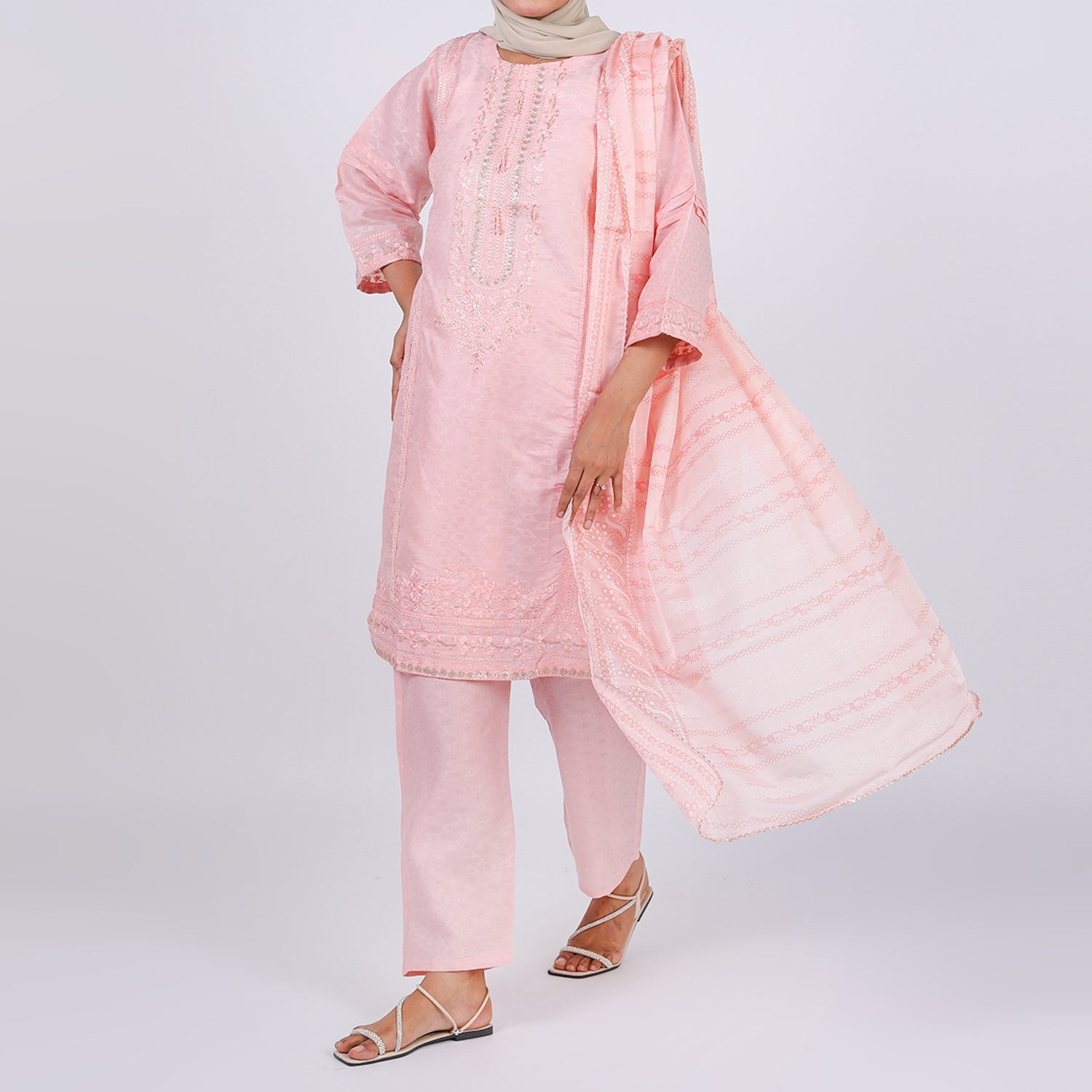 Women's Jacquard 3 Pcs Suit - Pink, Women Shalwar Suits, Chase Value, Chase Value
