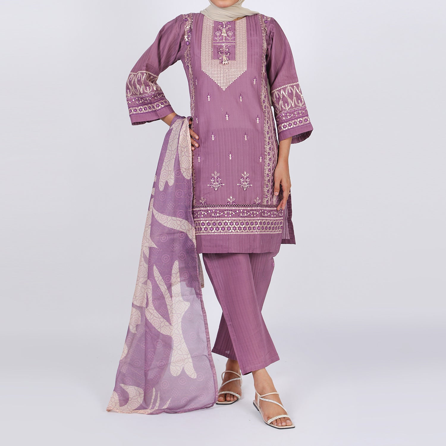 Women’s Stitched 3-Piece Doriya Suit – Pink, Women Shalwar Suits, Chase Value, Chase Value