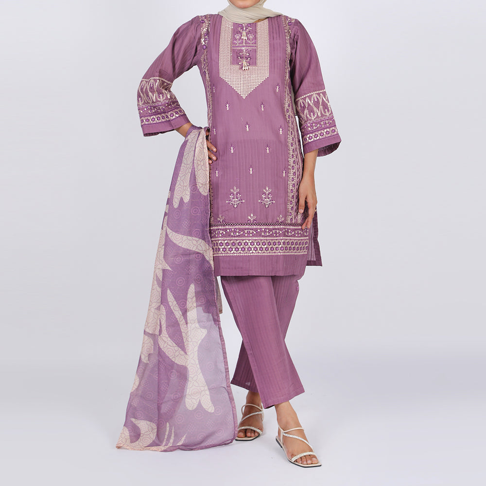 Women’s Stitched 3-Piece Doriya Suit – Pink, Women Shalwar Suits, Chase Value, Chase Value