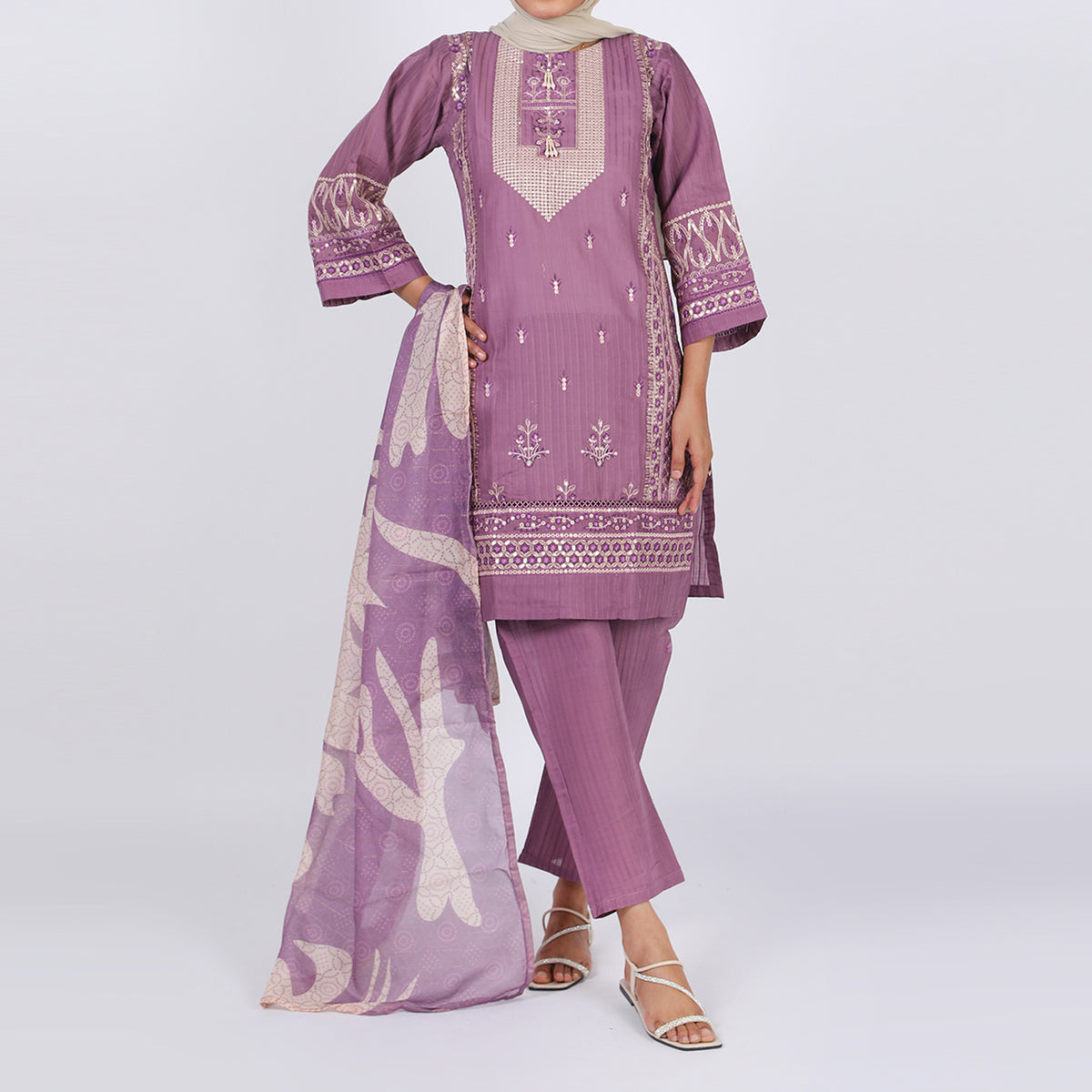 Women’s Stitched 3-Piece Doriya Suit – Pink, Women Shalwar Suits, Chase Value, Chase Value