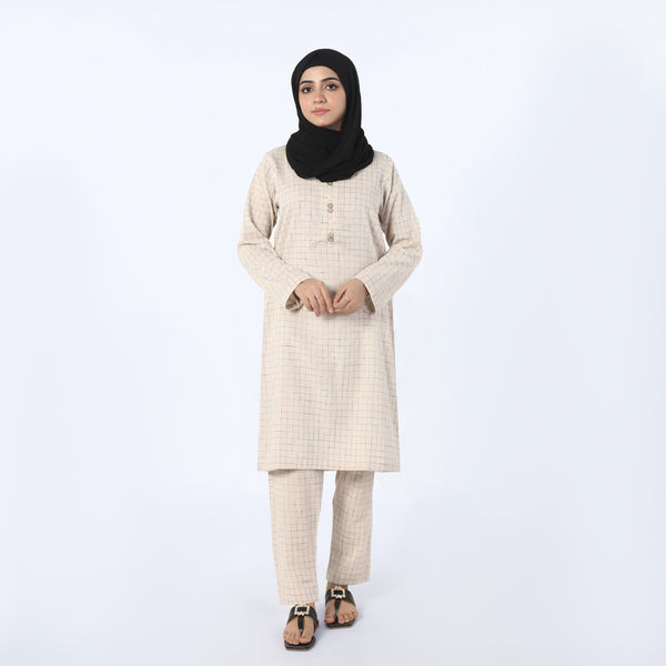 Women's Check Shalwar Suit - Beige