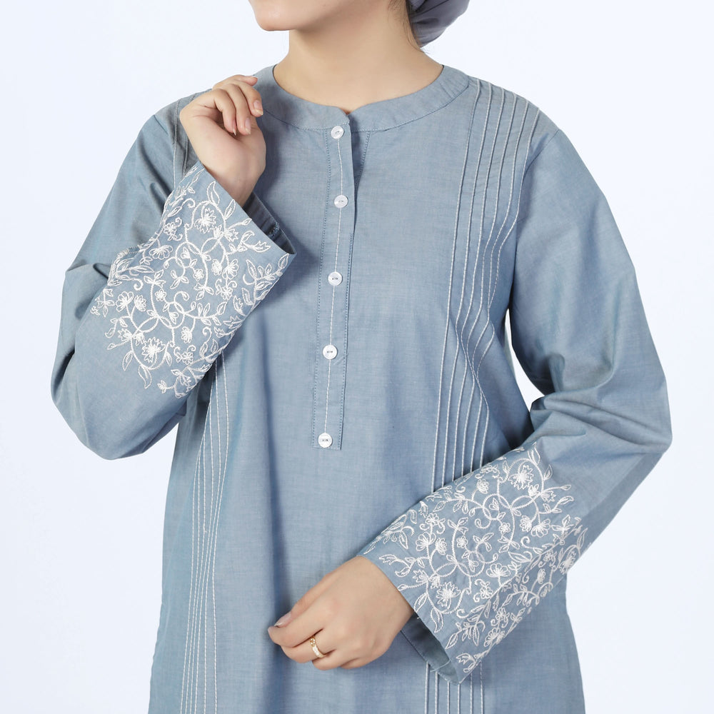 Women's Embroidered Kurti - Steel Blue, Women Ready Kurtis, Chase Value, Chase Value