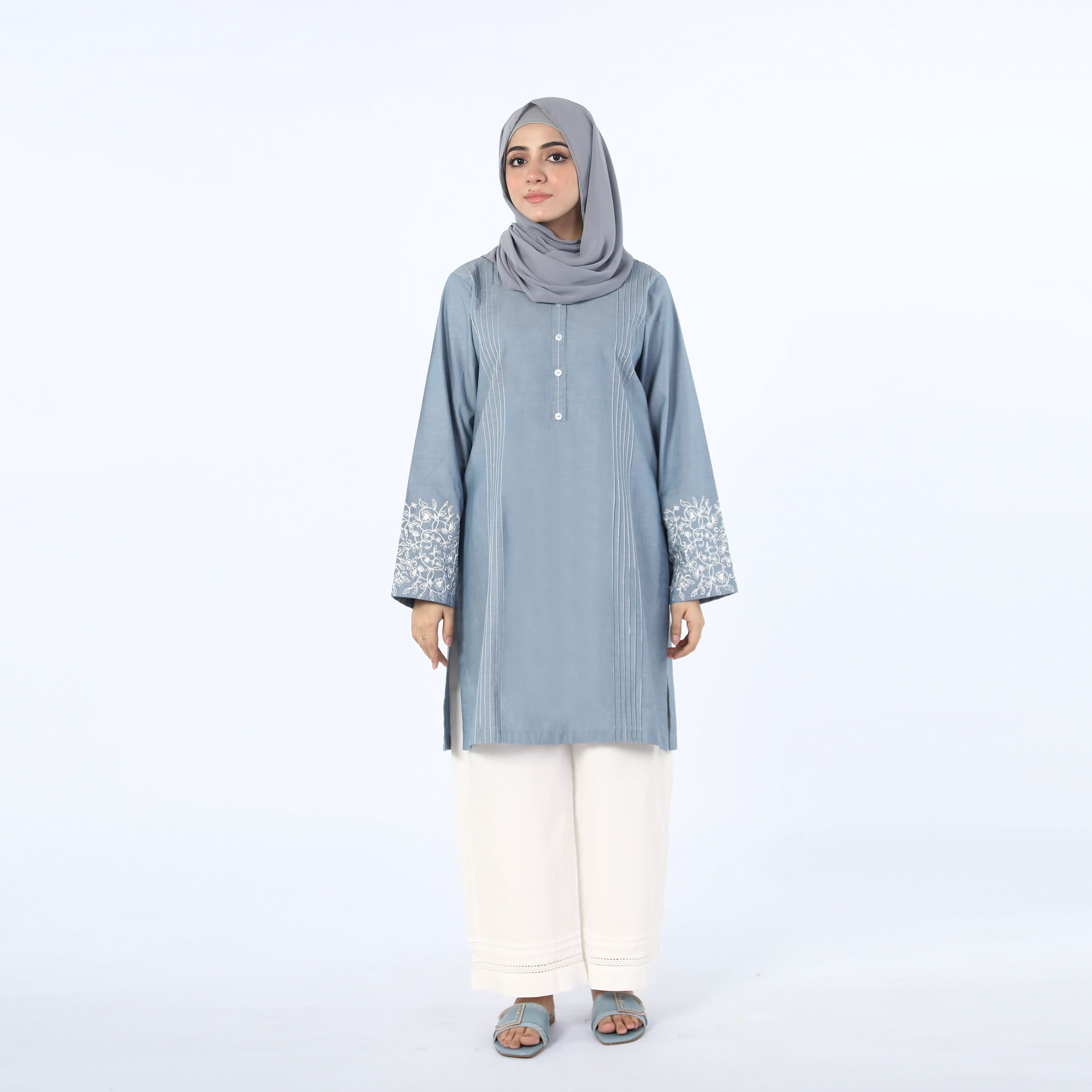 Women's Embroidered Kurti - Steel Blue, Women Ready Kurtis, Chase Value, Chase Value