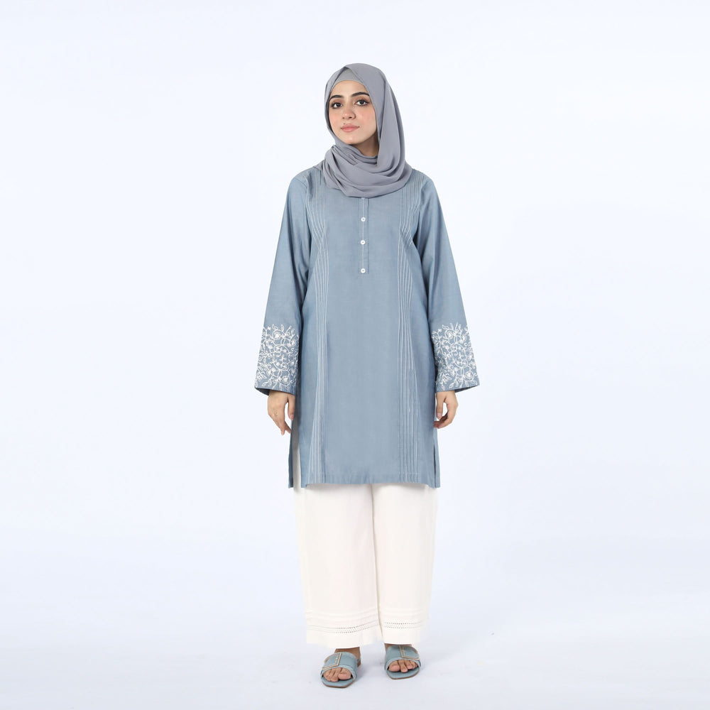 Women's Embroidered Kurti - Steel Blue, Women Ready Kurtis, Chase Value, Chase Value