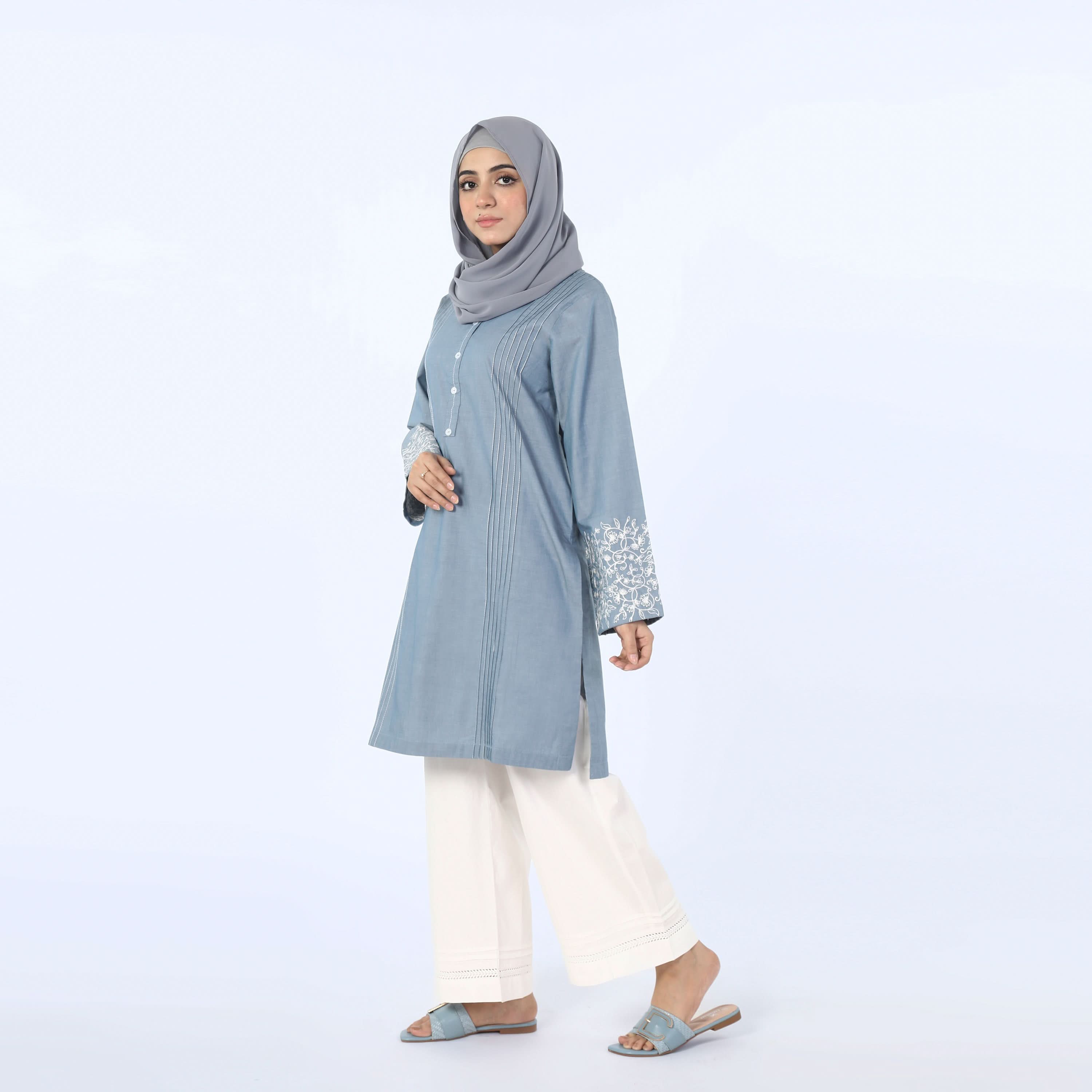 Women's Embroidered Kurti - Steel Blue, Women Ready Kurtis, Chase Value, Chase Value
