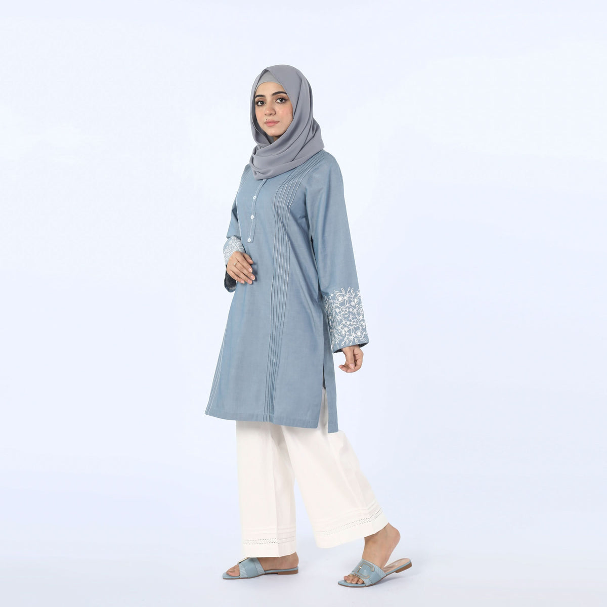 Women's Embroidered Kurti - Steel Blue, Women Ready Kurtis, Chase Value, Chase Value