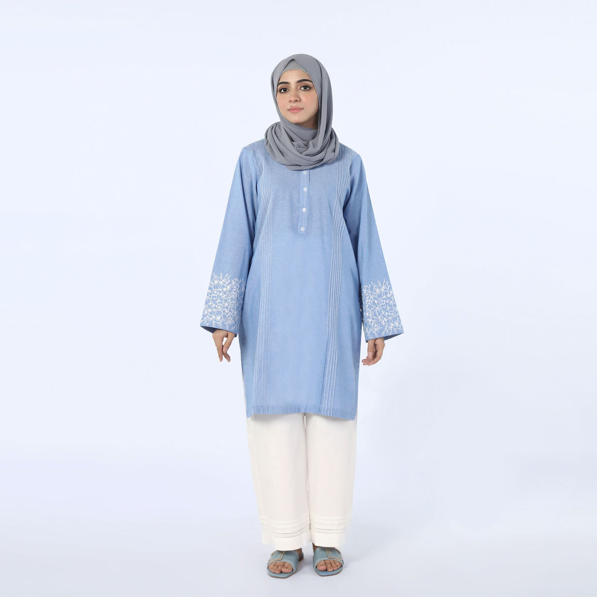 Women's Embroidered Kurti - Sky Blue, Women Ready Kurtis, Chase Value, Chase Value