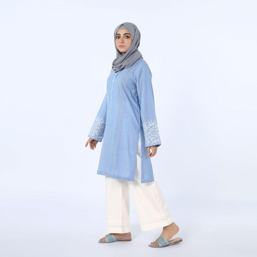 Women's Embroidered Kurti - Sky Blue, Women Ready Kurtis, Chase Value, Chase Value