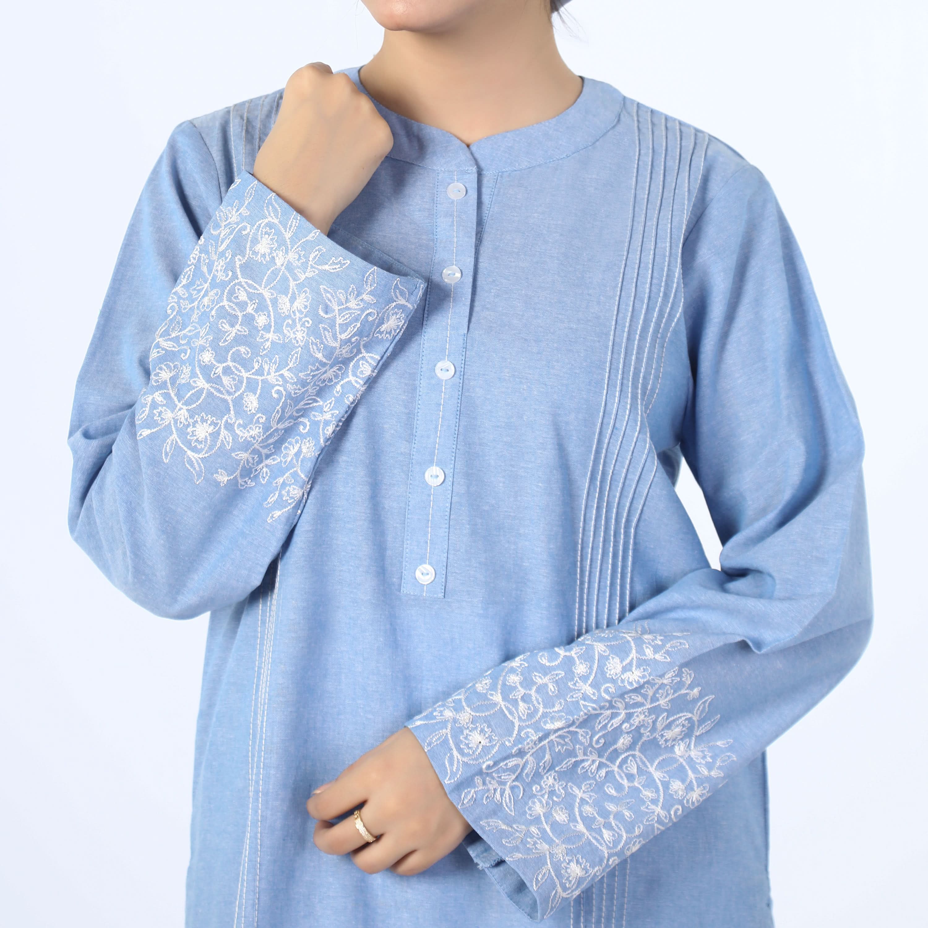 Women's Embroidered Kurti - Sky Blue, Women Ready Kurtis, Chase Value, Chase Value