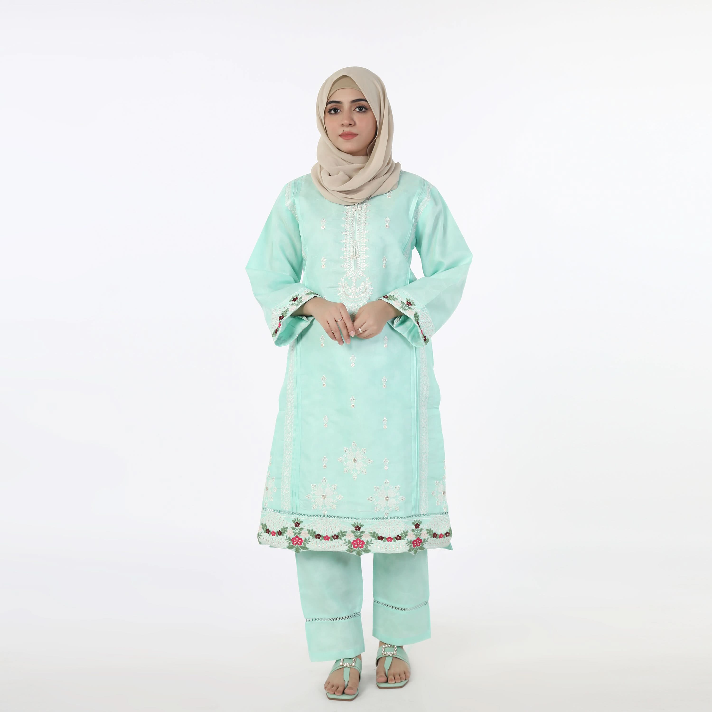 Women's 2pcs Stitched  Embroidered Shalwar Suit - Cyan, Women Shalwar Suits, Chase Value, Chase Value