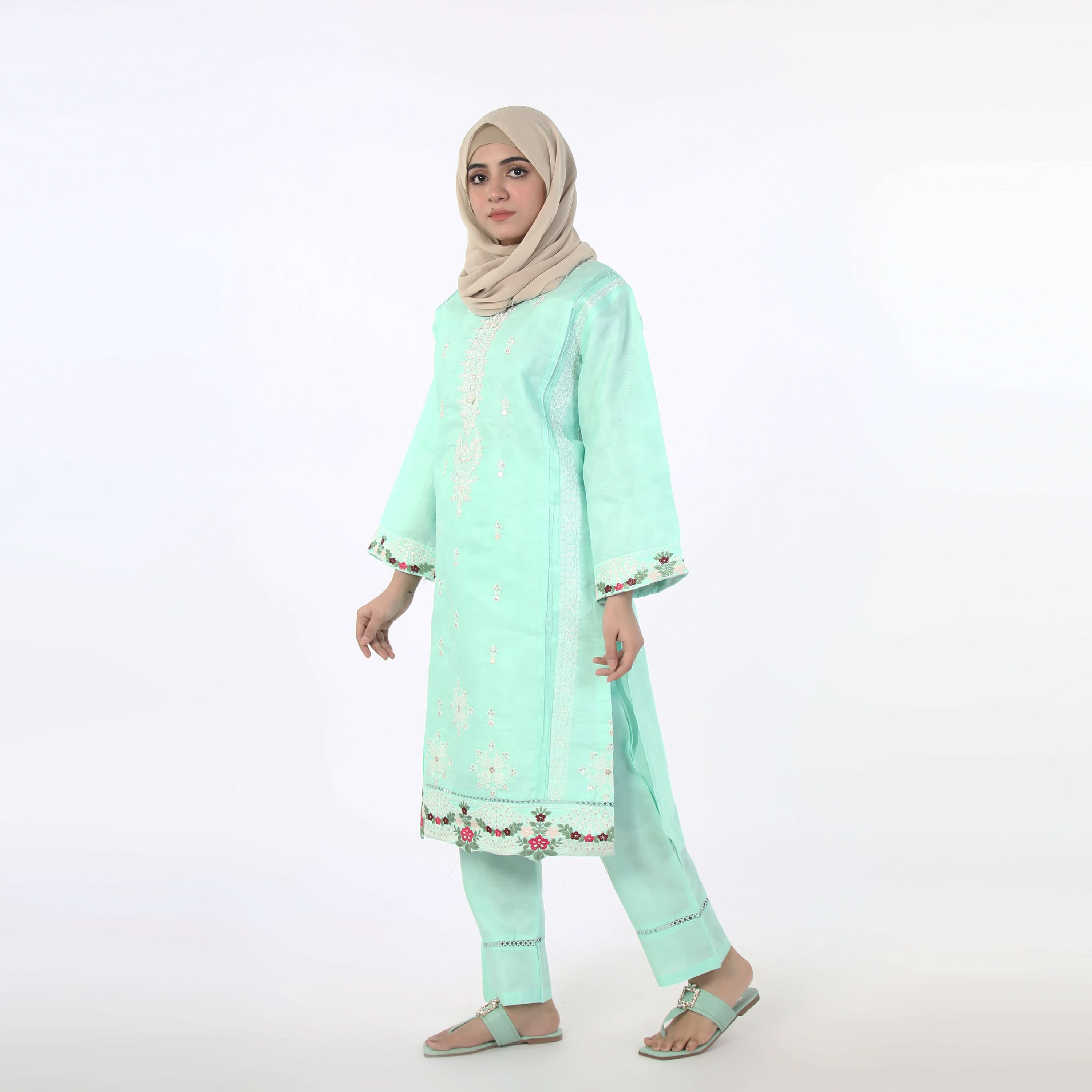 Women's 2pcs Stitched  Embroidered Shalwar Suit - Cyan, Women Shalwar Suits, Chase Value, Chase Value