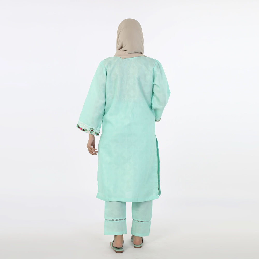 Women's 2pcs Stitched  Embroidered Shalwar Suit - Cyan, Women Shalwar Suits, Chase Value, Chase Value