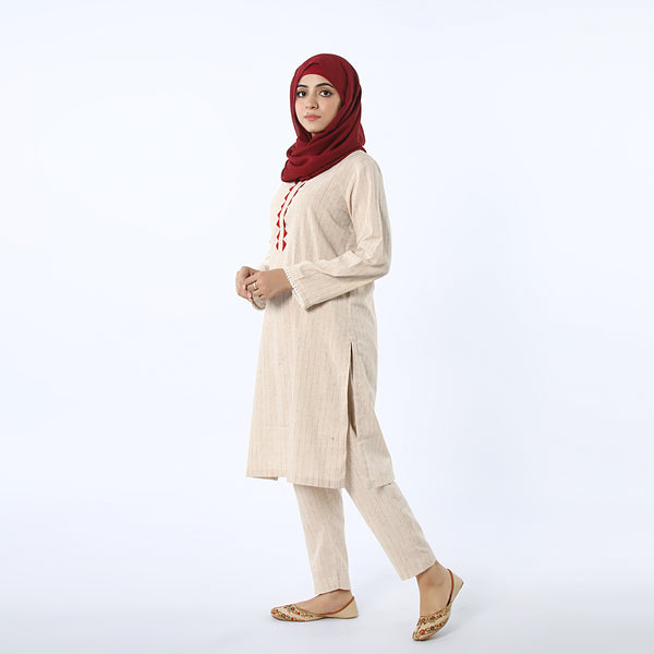 Women's Stripe Shalwar Suit - Beige