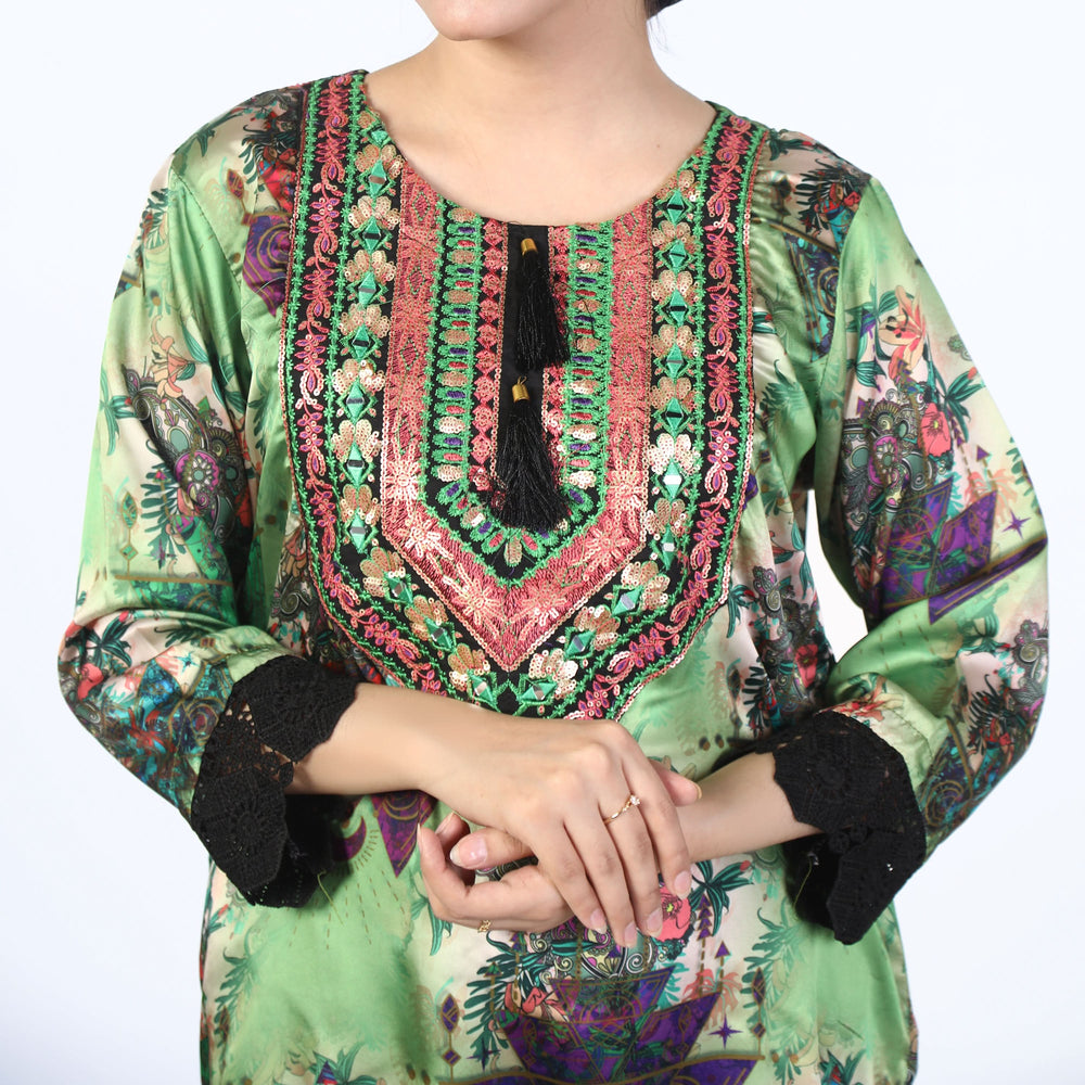 Women's Digital Printed Stitched Kurti - Green, Women Ready Kurtis, Chase Value, Chase Value