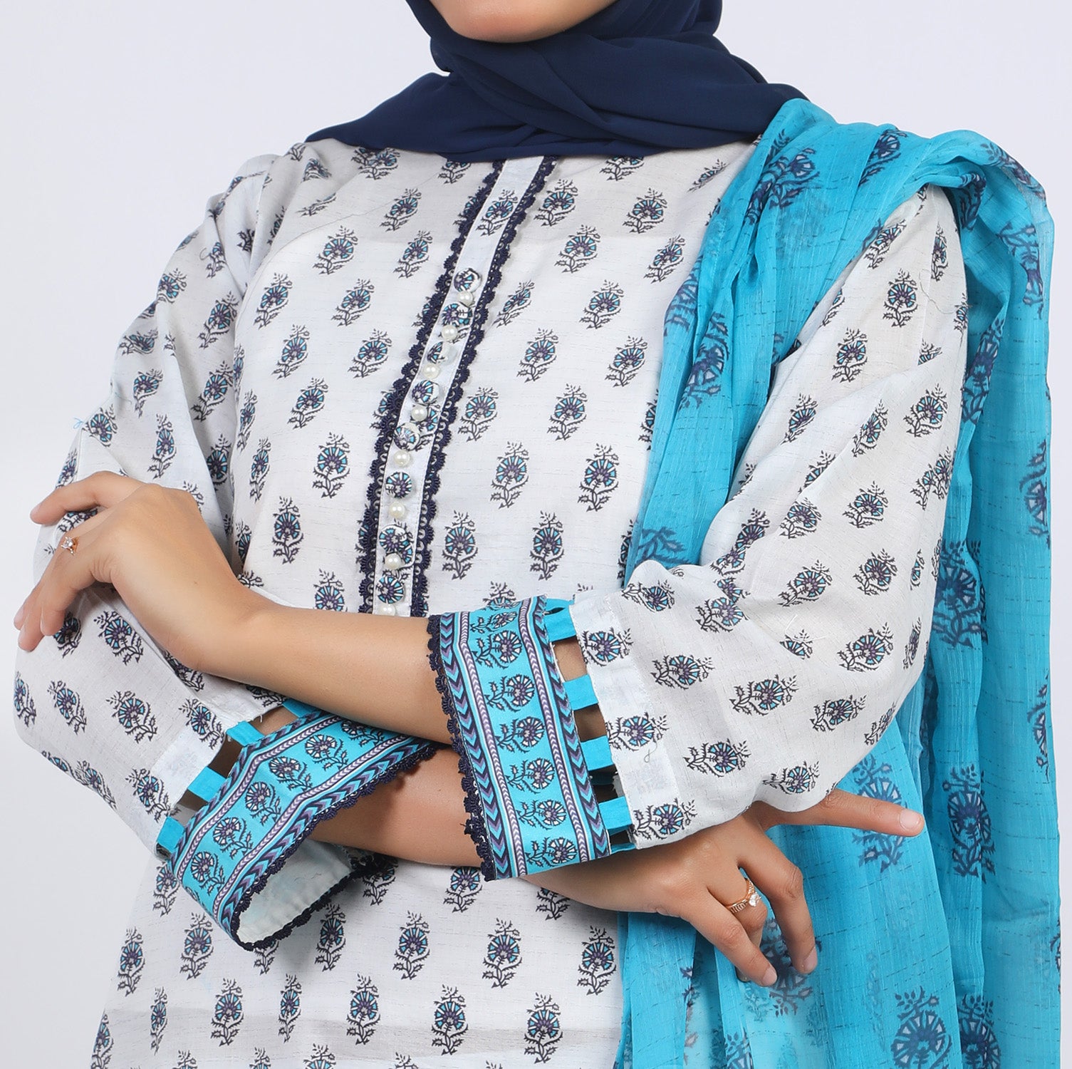 Women’s Stitched 3-Piece Cotton Suit – White & Blue, Women Shalwar Suits, Eminent, Chase Value