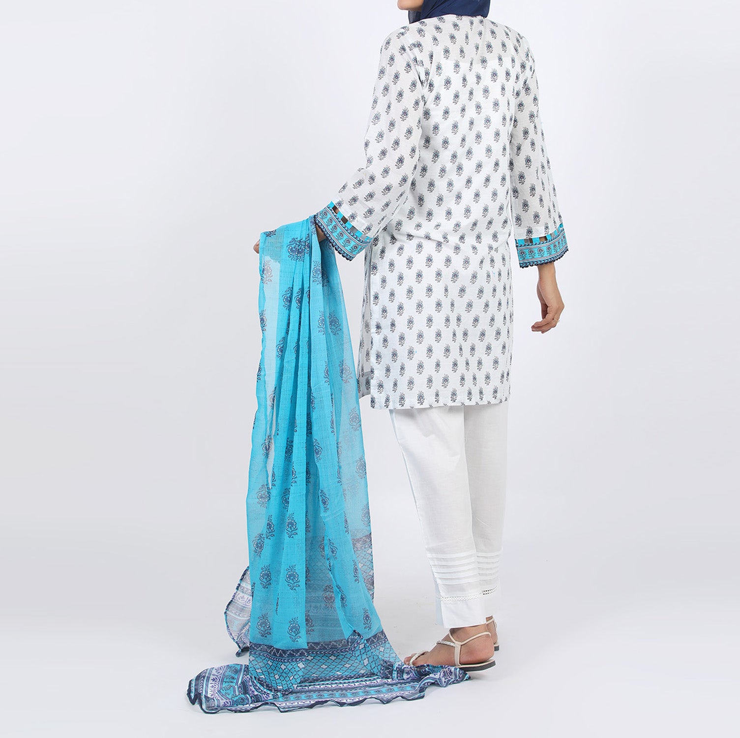 Women’s Stitched 3-Piece Cotton Suit – White & Blue, Women Shalwar Suits, Eminent, Chase Value