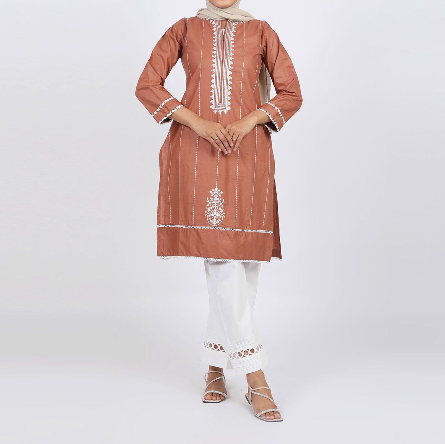 Women's Embroidered Kurti - Coffee, Women Ready Kurtis, Chase Value, Chase Value