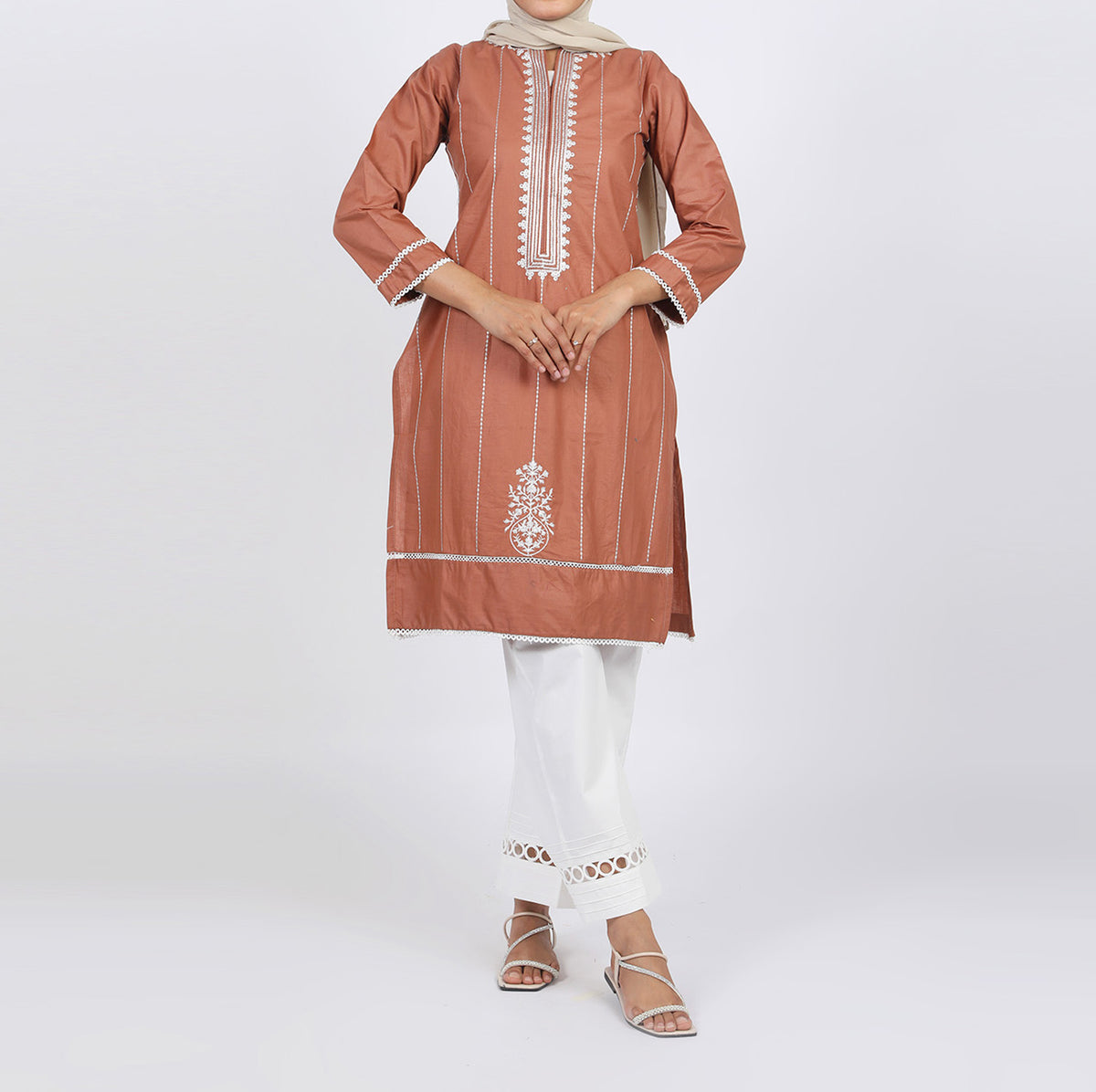 Women's Embroidered Kurti - Coffee, Women Ready Kurtis, Chase Value, Chase Value