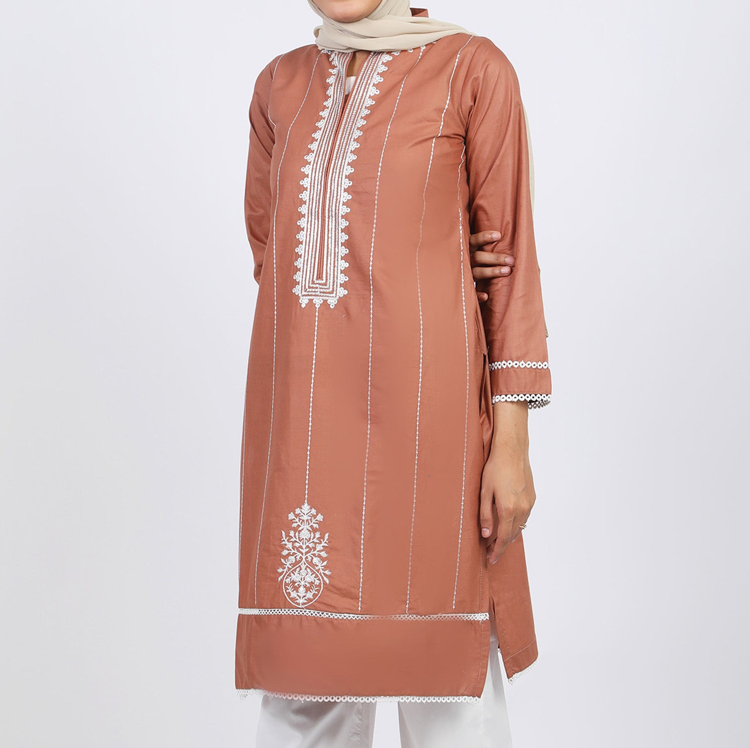 Women's Embroidered Kurti - Coffee, Women Ready Kurtis, Chase Value, Chase Value