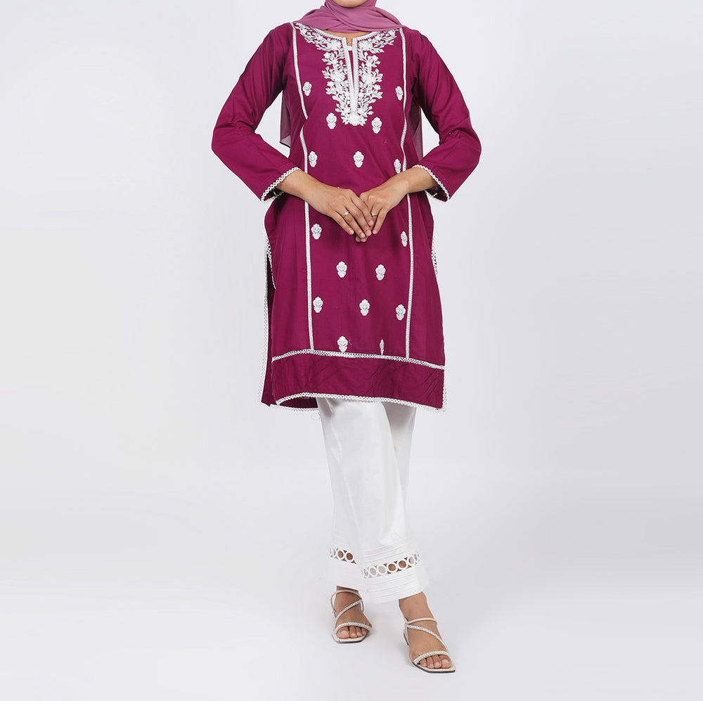 Women's Embroidered Kurti - Plum, Women Ready Kurtis, Chase Value, Chase Value