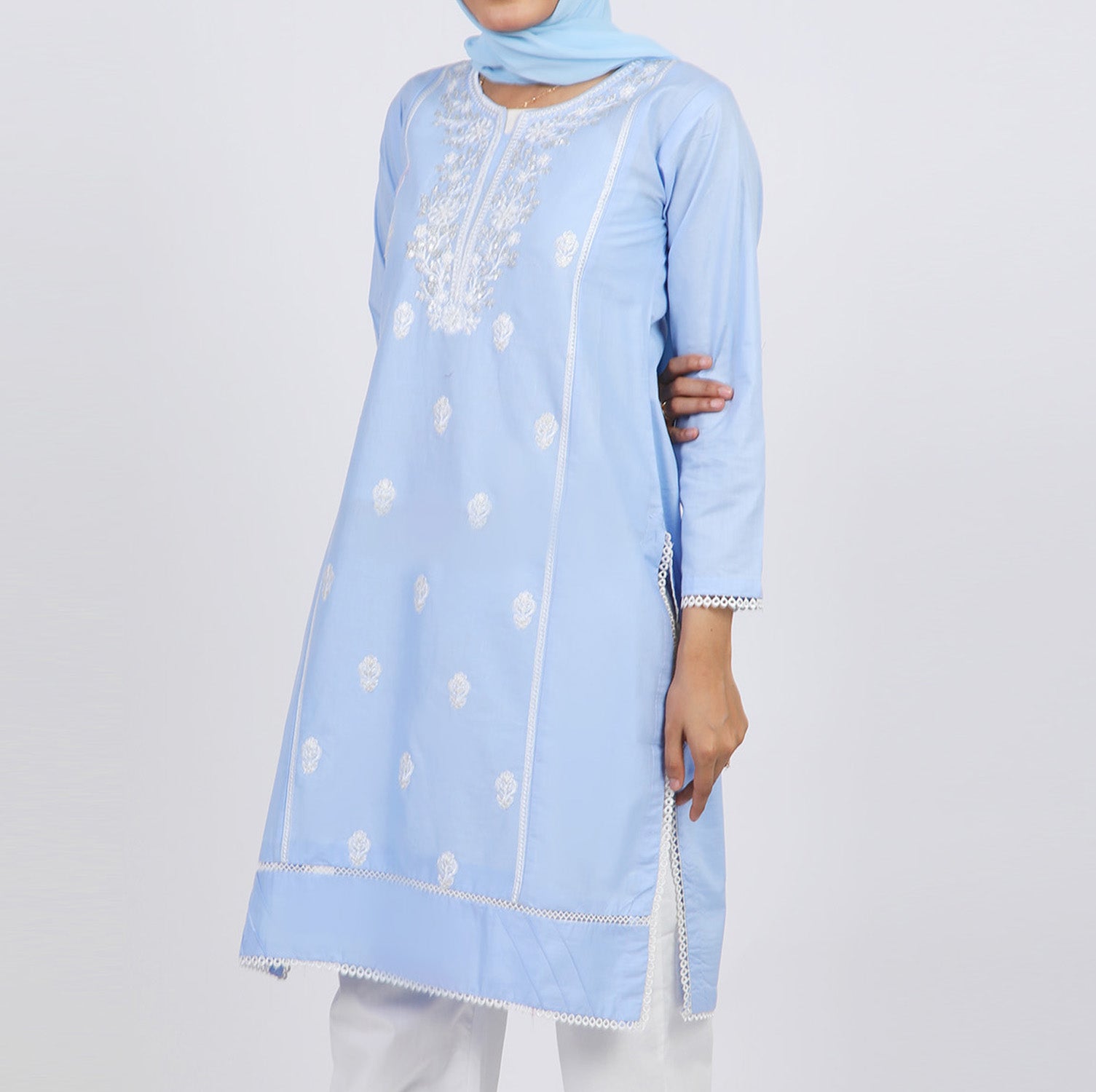 Women's Embroidered Kurti - Sky Blue, Women Ready Kurtis, Chase Value, Chase Value