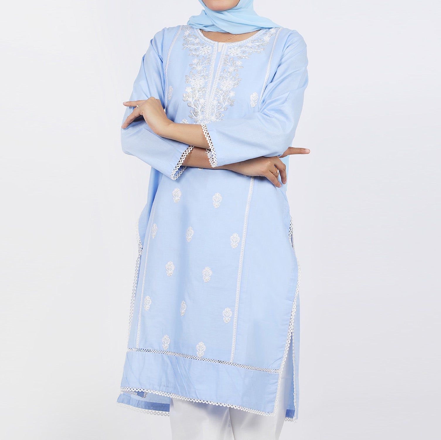 Women's Embroidered Kurti - Sky Blue, Women Ready Kurtis, Chase Value, Chase Value