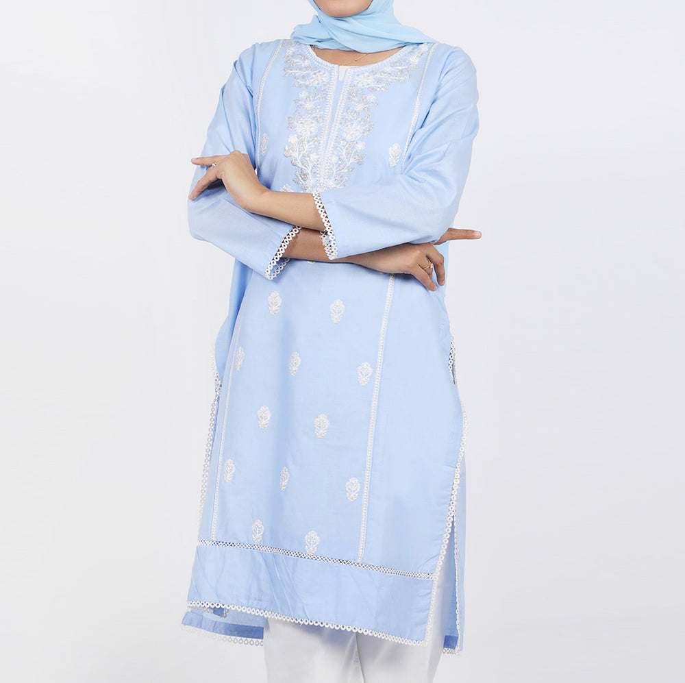 Women's Embroidered Kurti - Sky Blue, Women Ready Kurtis, Chase Value, Chase Value