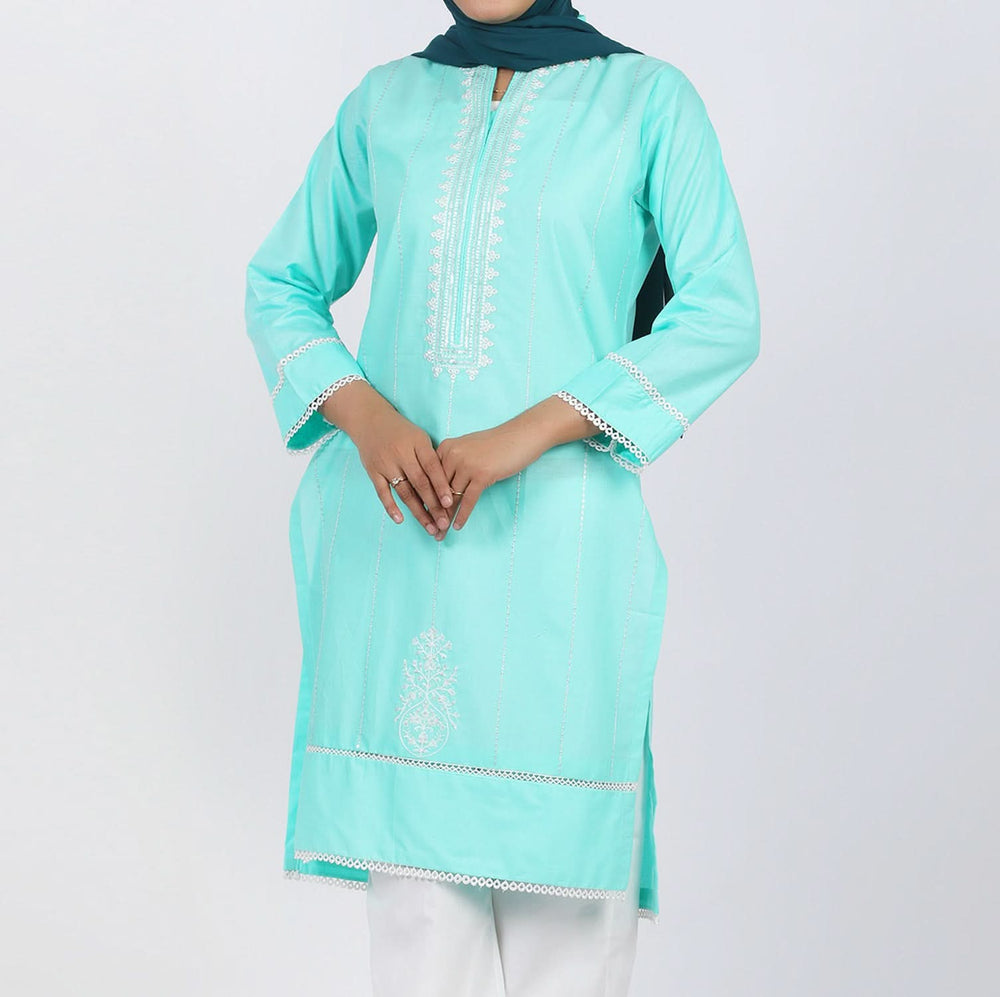 Women's Embroidered Kurti - Aqua, Women Ready Kurtis, Chase Value, Chase Value
