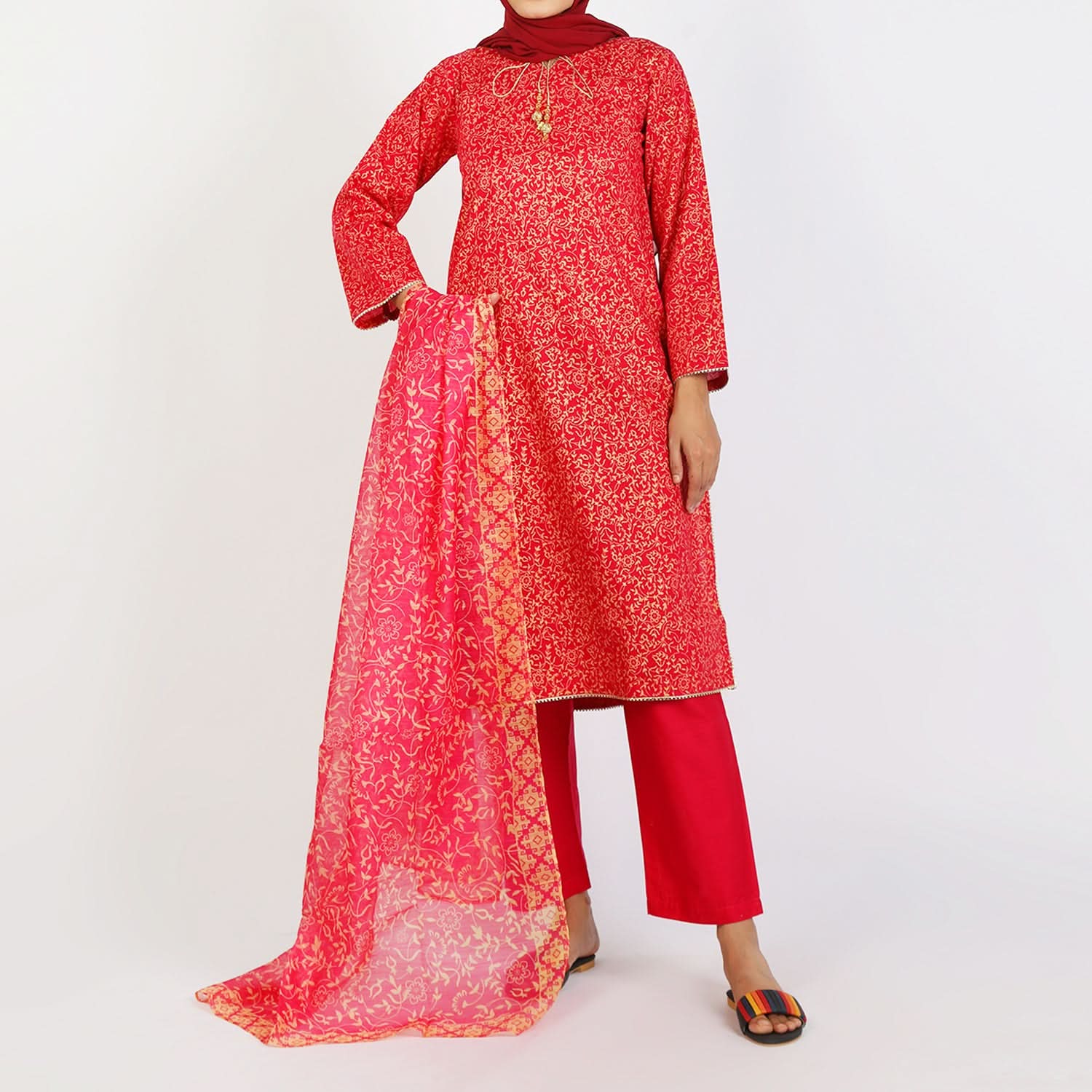 Women’s Stitched 3-Piece Cotton Suit –  Pink, Women Shalwar Suits, Chase Value, Chase Value