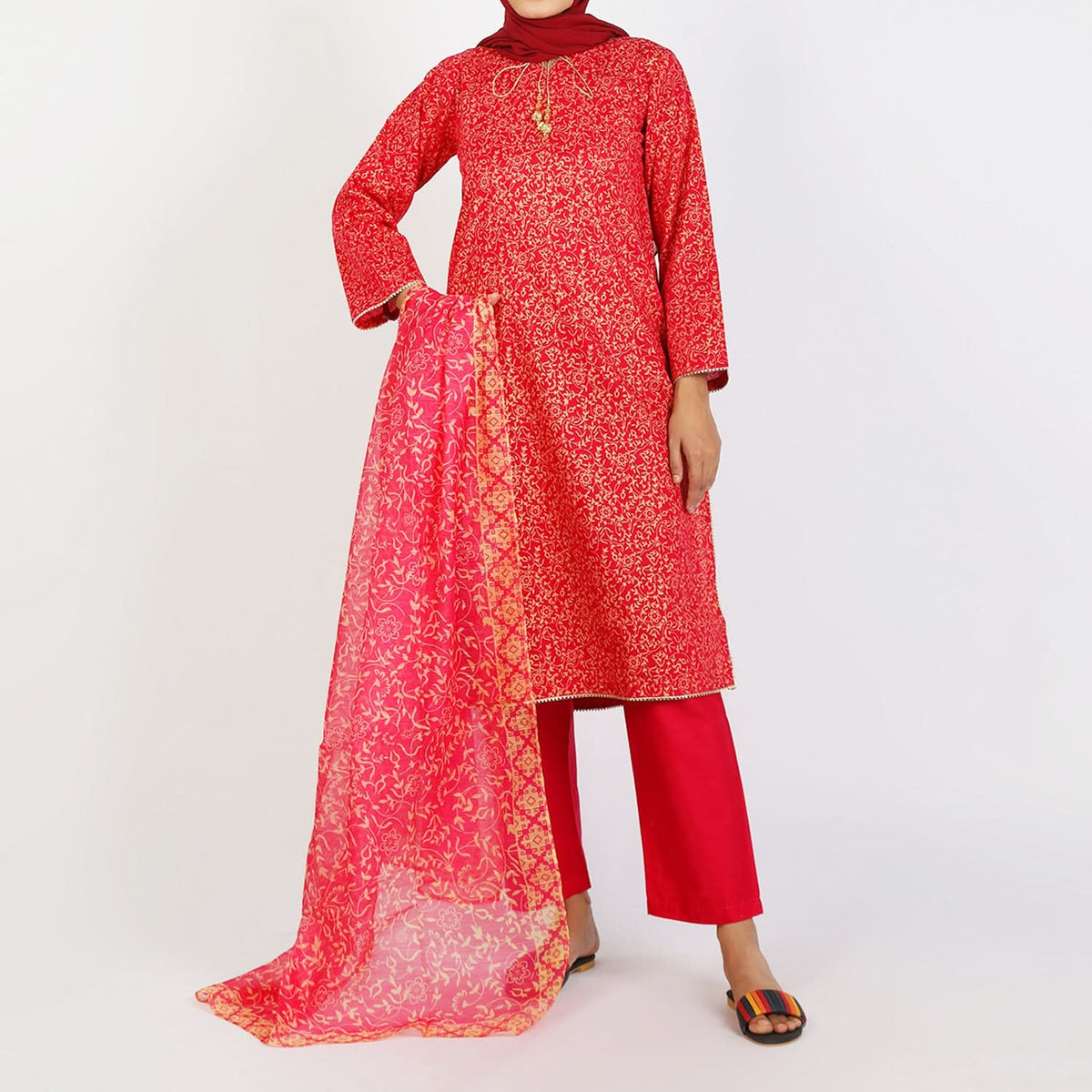 Women’s Stitched 3-Piece Cotton Suit –  Pink, Women Shalwar Suits, Chase Value, Chase Value