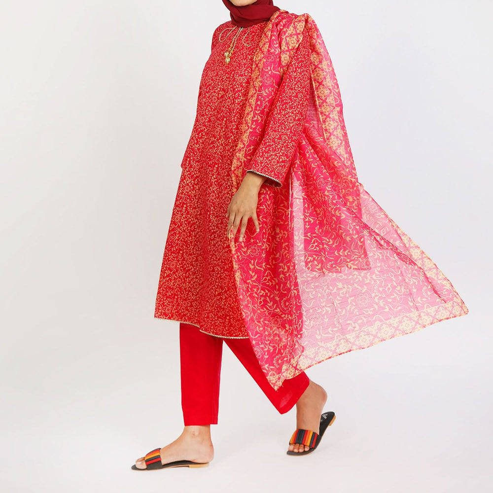Women’s Stitched 3-Piece Cotton Suit –  Pink, Women Shalwar Suits, Chase Value, Chase Value