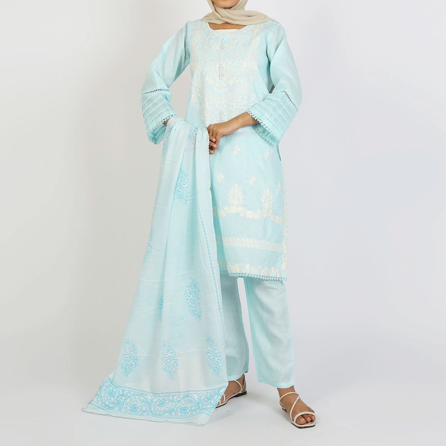 Women's Jacquard Embroidered 3Pcs Suit - Turquoise, Women Shalwar Suits, Chase Value, Chase Value