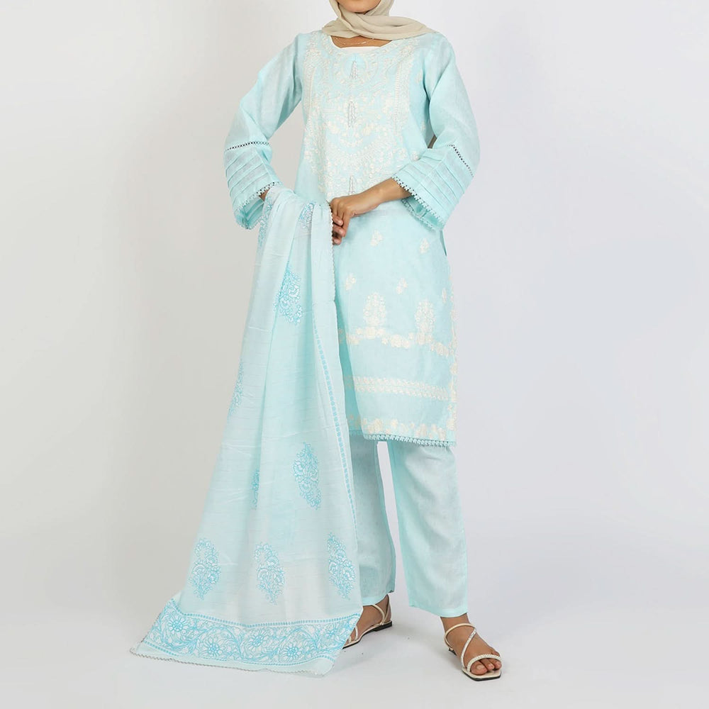 Women's Jacquard Embroidered 3Pcs Suit - Turquoise, Women Shalwar Suits, Chase Value, Chase Value