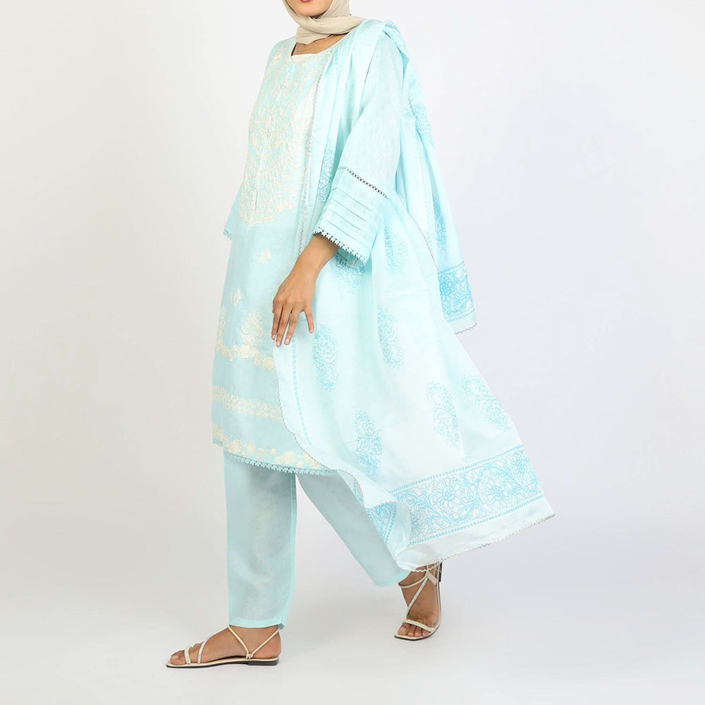 Women's Jacquard Embroidered 3Pcs Suit - Turquoise, Women Shalwar Suits, Chase Value, Chase Value