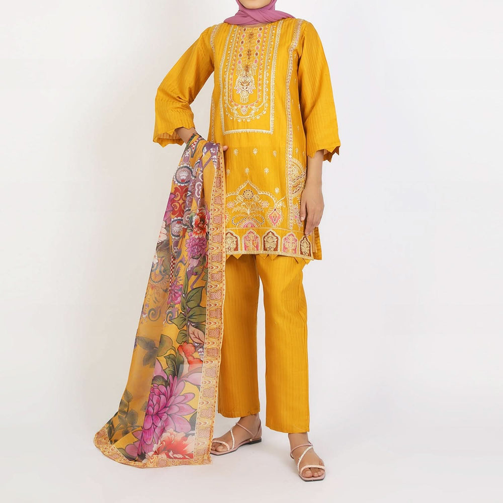 Women’s Stitched 3-Piece Cotton Suit – Mustard, Women Shalwar Suits, Chase Value, Chase Value