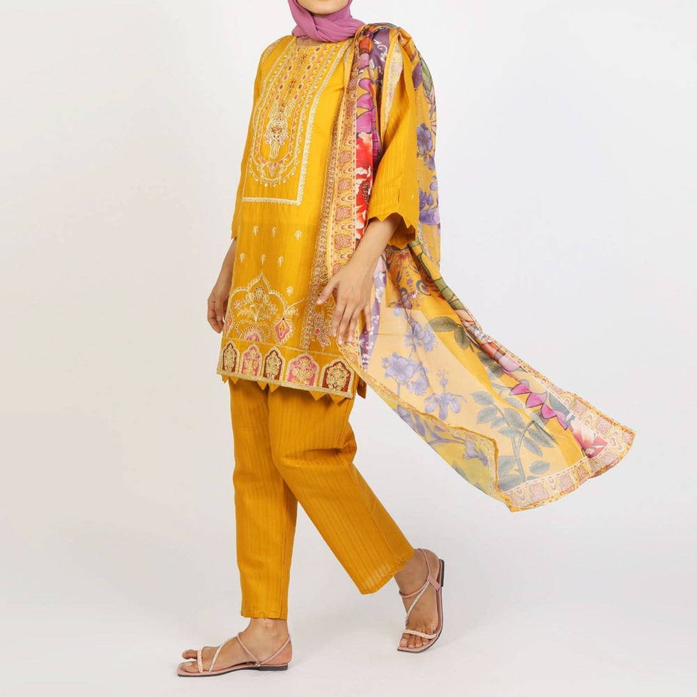 Women’s Stitched 3-Piece Cotton Suit – Mustard, Women Shalwar Suits, Chase Value, Chase Value