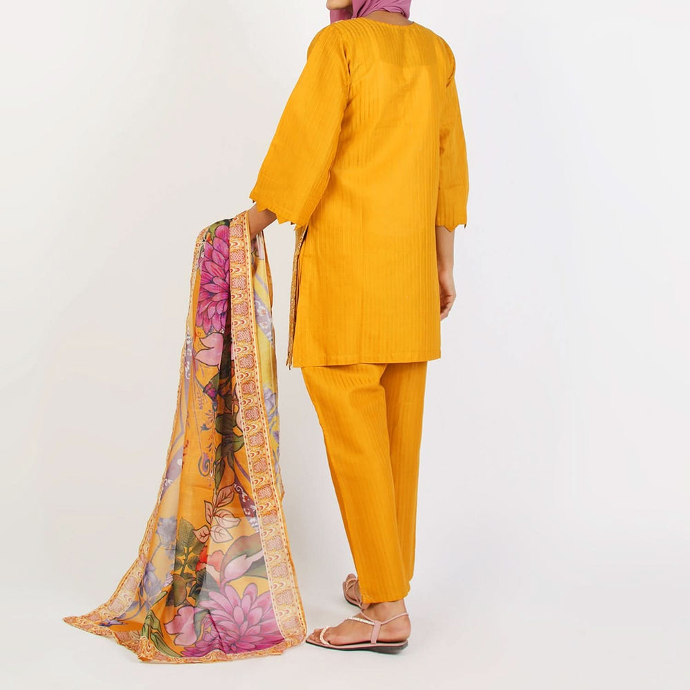 Women’s Stitched 3-Piece Cotton Suit – Mustard, Women Shalwar Suits, Chase Value, Chase Value