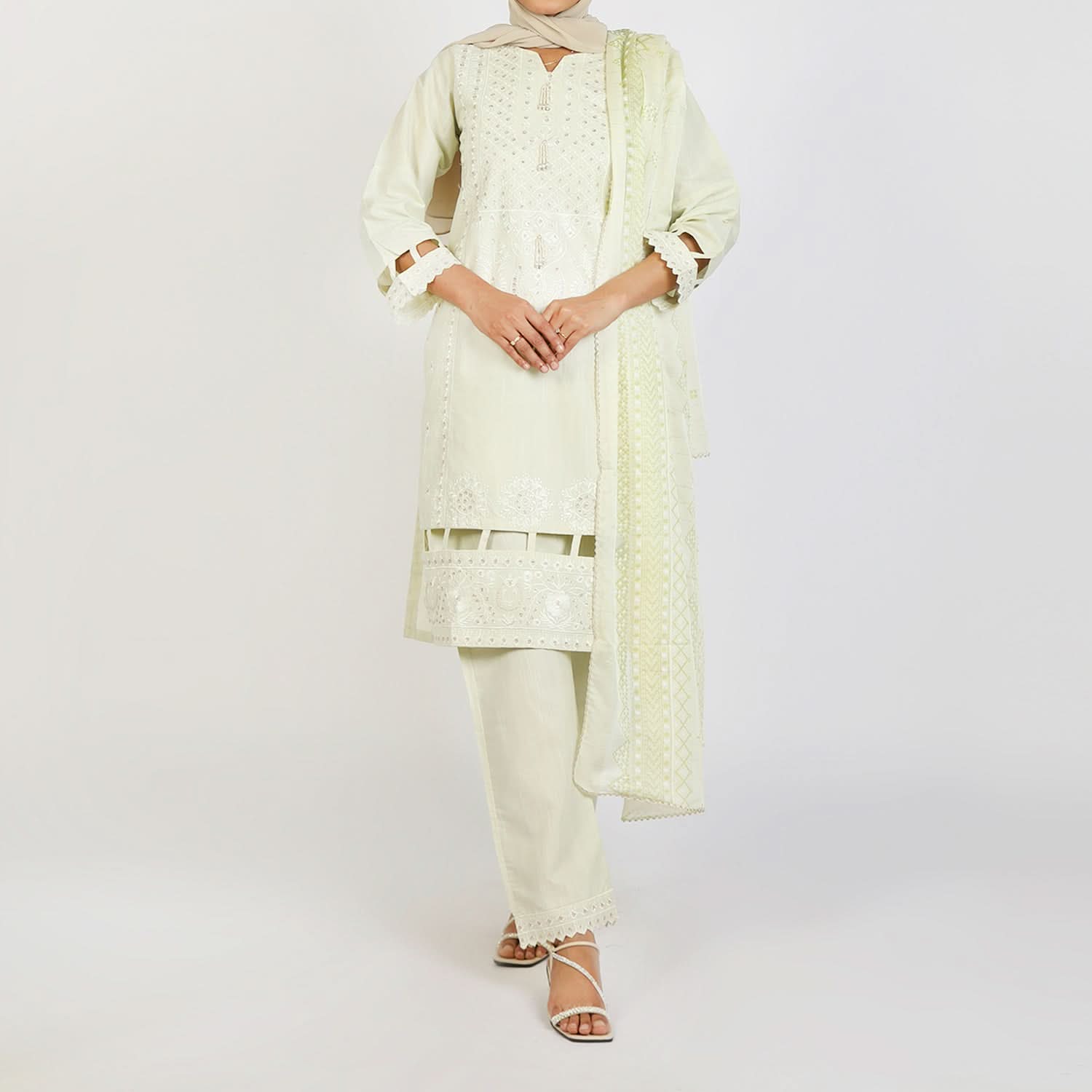 Women's Slub 3Pcs Fancy Suit  - Light Pista, Women Shalwar Suits, Chase Value, Chase Value