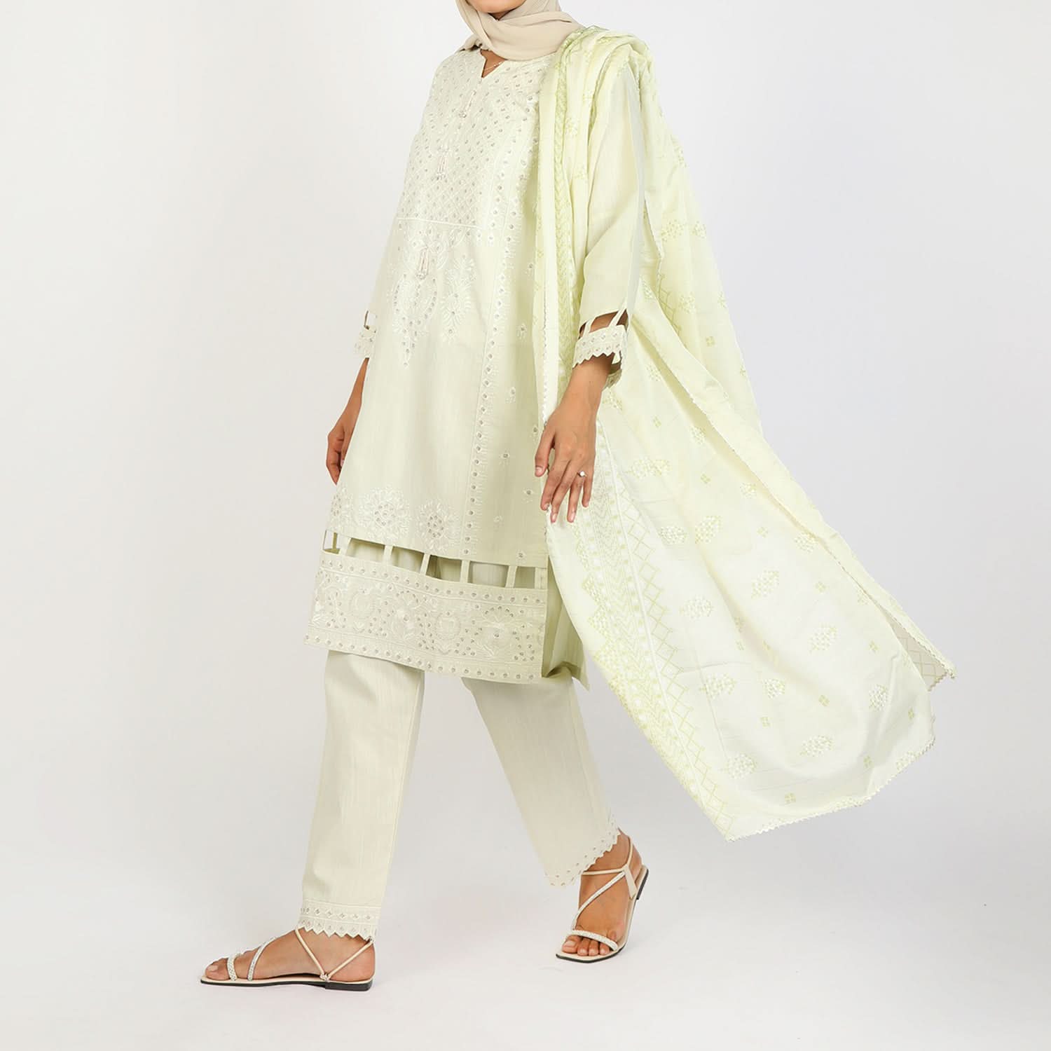 Women's Slub 3Pcs Fancy Suit  - Light Pista, Women Shalwar Suits, Chase Value, Chase Value