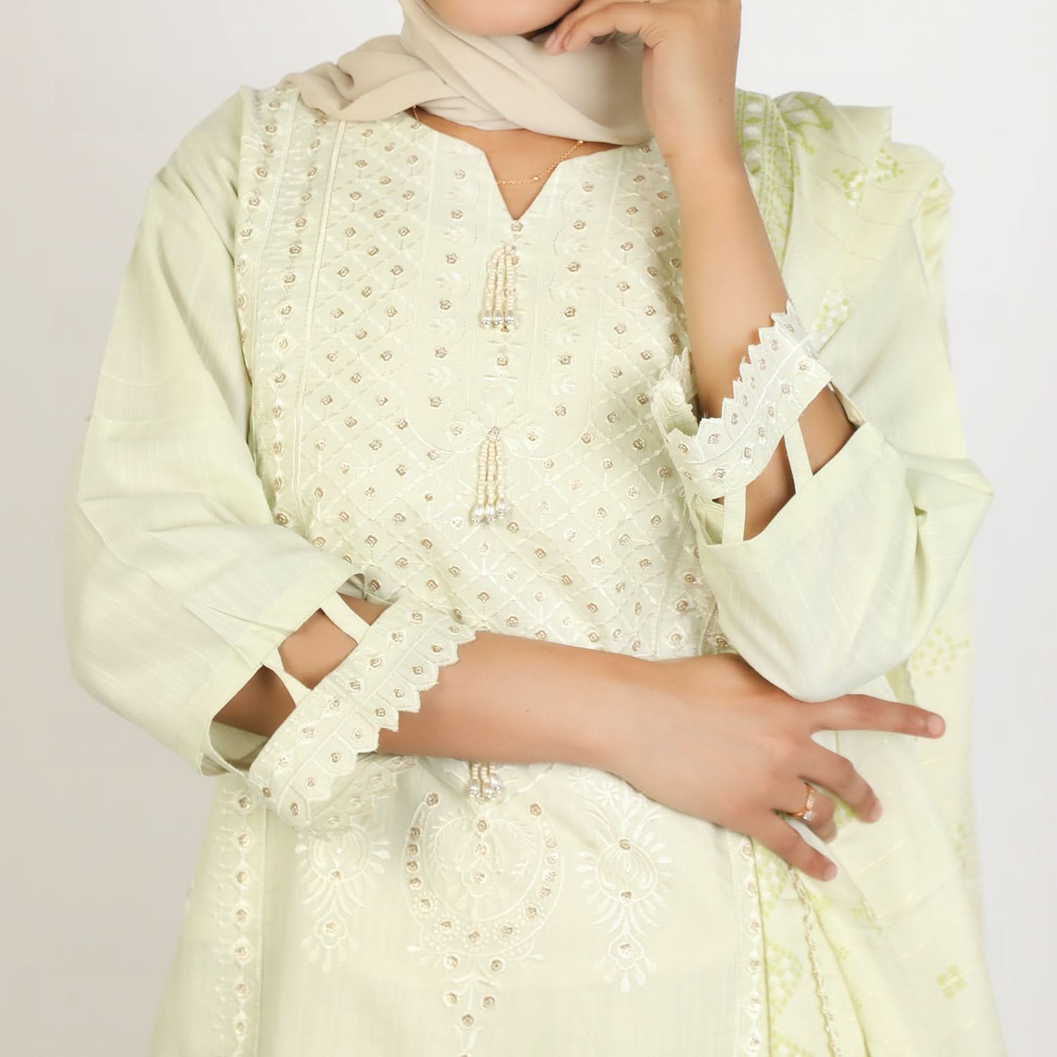 Women's Slub 3Pcs Fancy Suit  - Light Pista, Women Shalwar Suits, Chase Value, Chase Value