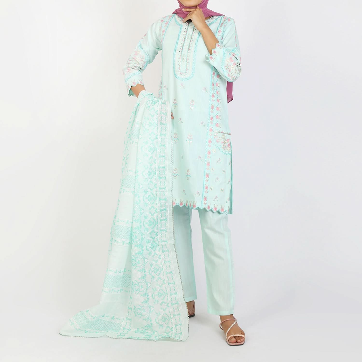 Women's Embroidered Jacquard 3Pcs Suit - Turquoise, Women Shalwar Suits, Chase Value, Chase Value