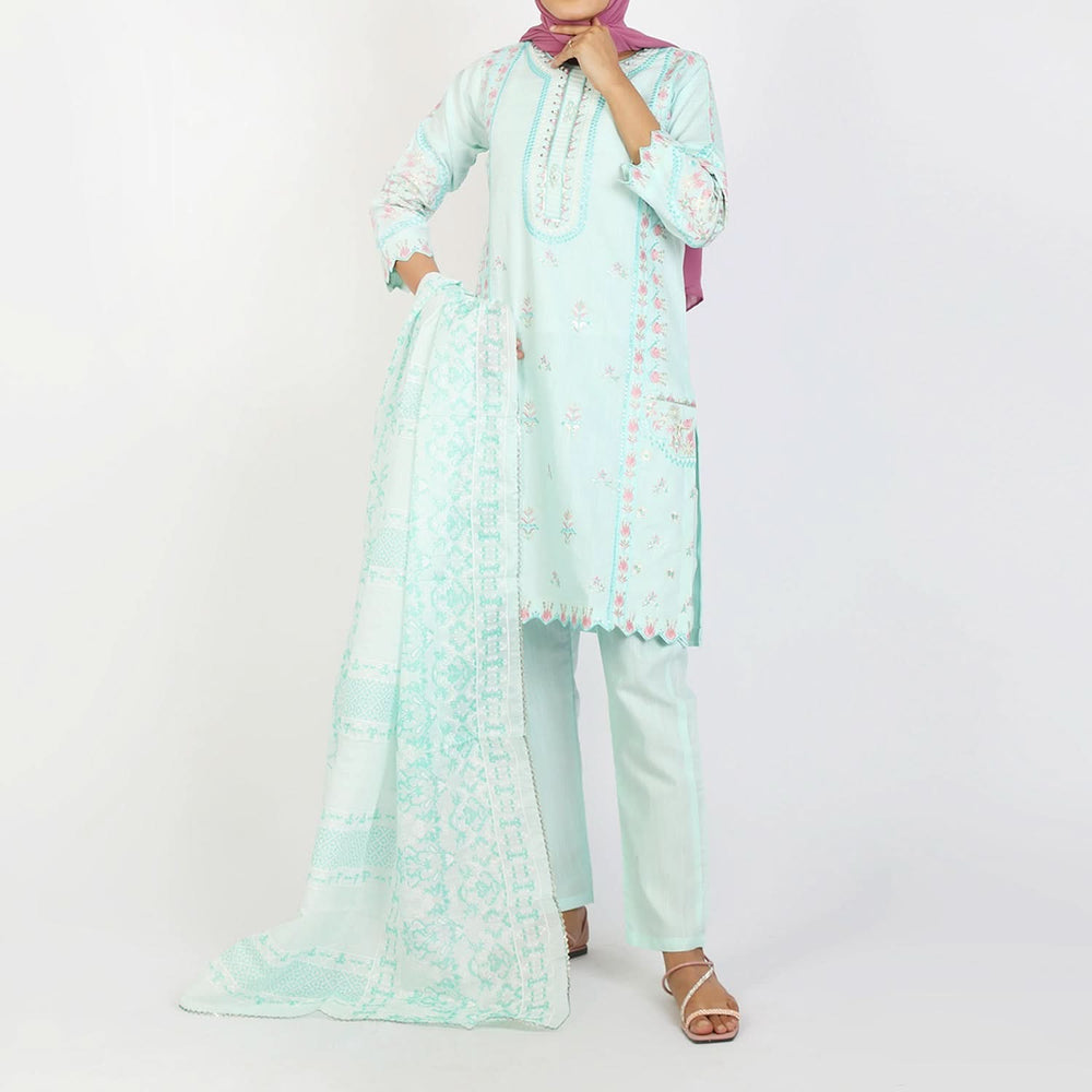 Women's Embroidered Jacquard 3Pcs Suit - Turquoise, Women Shalwar Suits, Chase Value, Chase Value